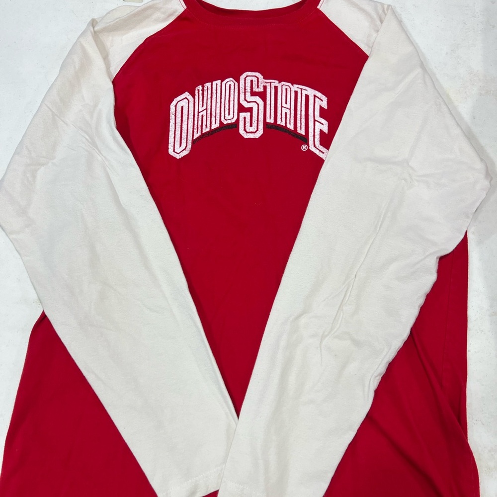 The Ohio State University red and off-white long sleeve warm shirt